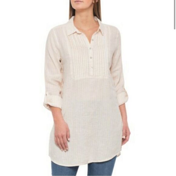 Cynthia Rowley Medium Tunic Top 100% Linen Pleat Button Offwhite Yellow Size M - Picture 1 of 7